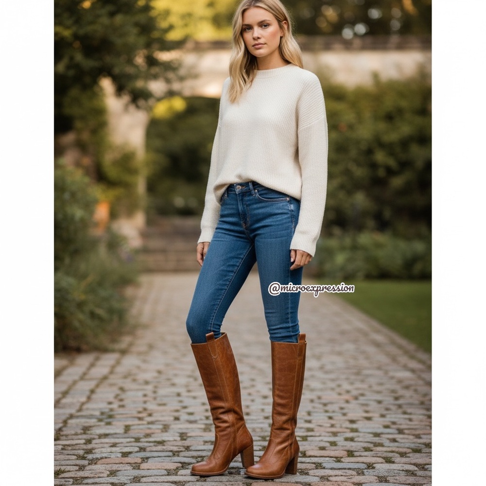 $399 Frye Villager Pull On Knee High Cognac Leather Tall Heeled Distressed Boot - Picture 5 of 15
